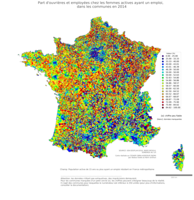 Part d'ouvrières et employées chez les femmes actives ayant un emploi - com2014
Mots-clés: profession;sexe;femmes;classes populaires;communes