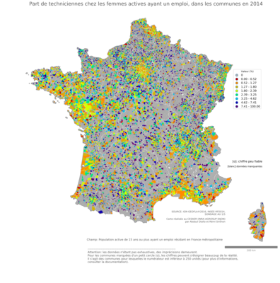 Part de techniciennes chez les femmes actives ayant un emploi - com2014
Mots-clés: profession;sexe;femmes;communes