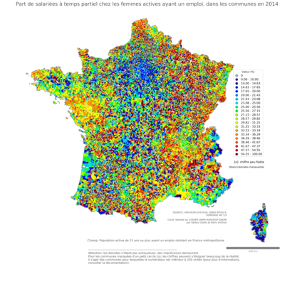 Part de salariées à temps partiel chez les femmes actives ayant un emploi - com2014
Mots-clés: conditions de travail et d-emploi;sexe;femmes;communes