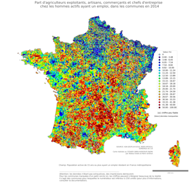 Part d'agriculteurs exploitants, artisans, commerçants et chefs d'entreprise chez les homme actifs ayant un emploi - com2014
Mots-clés: profession;sexe;hommes;fonction publique ou indépendance;communes