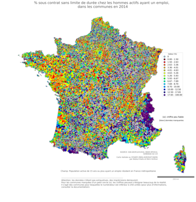 % sous contrat sans limite de durée chez les hommes actifs ayant un emploi - com2014
Mots-clés: conditions de travail et d-emploi;sexe;hommes;communes