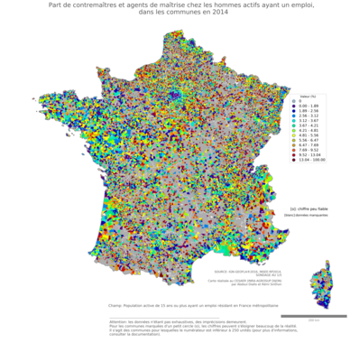 Part de contremaîtres et agents de maîtrise chez les hommes actifs ayant un emploi - com2014
Mots-clés: profession;sexe;femmes;communes