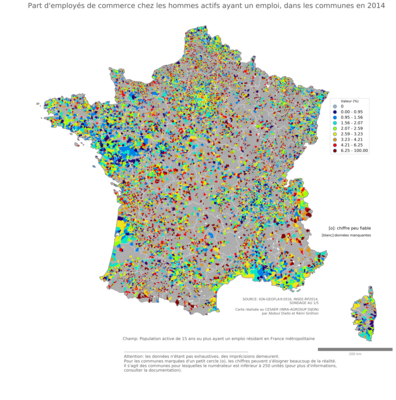 Part d'employés de commerce chez les hommes actifs ayant un emploi - com2014
Mots-clés: profession;sexe;femmes;classes populaires;communes