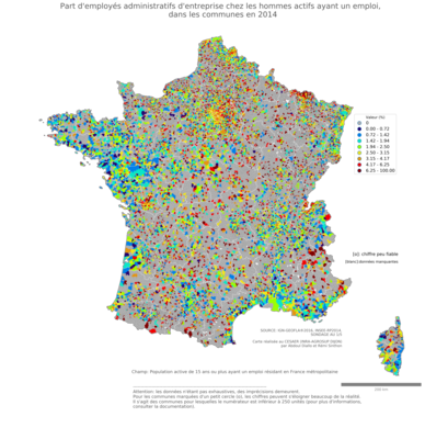 Part d'employés administratifs d'entreprise chez les hommes actifs ayant un emploi - com2014
Mots-clés: profession;sexe;femmes;classes populaires;communes