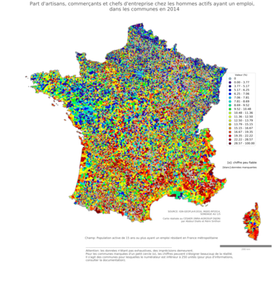 Part d'artisans, commerçants et chefs d'entreprise chez les hommes actifs ayant un emploi - com2014
Mots-clés: profession;sexe;hommes;fonction publique ou indépendance;communes