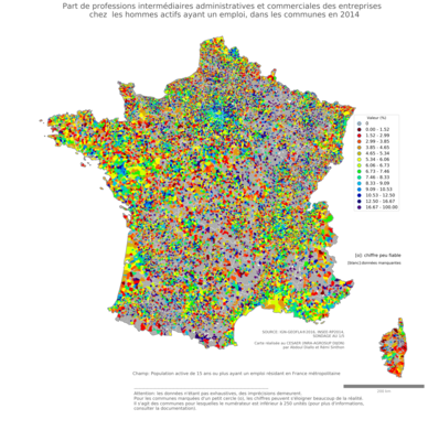 Part de professions intermédiaires administratives et commerciales des entreprises chez les hommes actifs ayant un emploi - com2014
Mots-clés: profession;sexe;femmes;communes