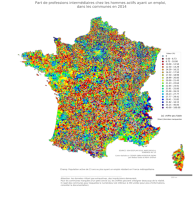 Part de professions intermédiaires chez les hommes actifs ayant un emploi - com2014
Mots-clés: profession;sexe;hommes;communes