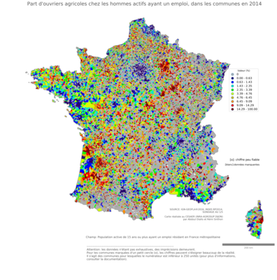 Part d'ouvriers agricoles chez les hommes actifs ayant un emploi - com2014
Mots-clés: profession;sexe;femmes;classes populaires;communes