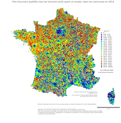 Part d'ouvriers qualifiés chez les hommes actifs ayant un emploi - com2014
Mots-clés: profession;sexe;femmes;classes populaires;communes