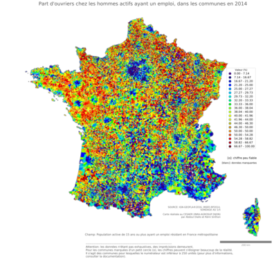 Part d'ouvriers chez les hommes actifs ayant un emploi - com2014
Mots-clés: profession;sexe;hommes;classes populaires;communes