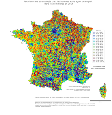 Part d'ouvriers et employés chez les hommes actifs ayant un emploi - com2014
Mots-clés: profession;sexe;hommes;classes populaires;communes