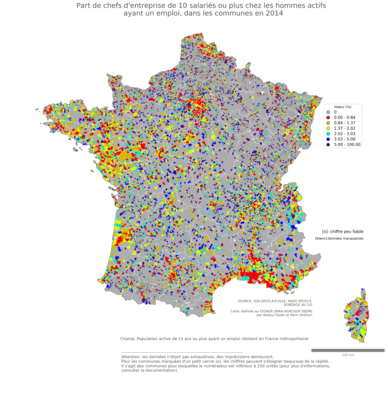 Part de chefs d'entreprise de 10 salariés ou plus chez les hommes actifs ayant un emploi - com2014
Mots-clés: profession;sexe;femmes;classes supérieures;fonction publique ou indépendance;communes