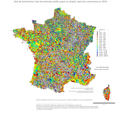 Part de techniciens chez les hommes actifs ayant un emploi - com2014
Mots-clés: profession;sexe;femmes;communes