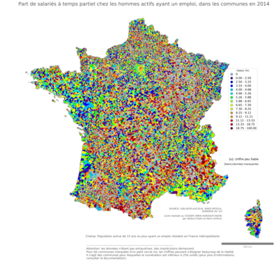 Part de salariés à temps partiel chez les hommes actifs ayant un emploi - com2014
Mots-clés: conditions de travail et d-emploi;sexe;hommes;communes