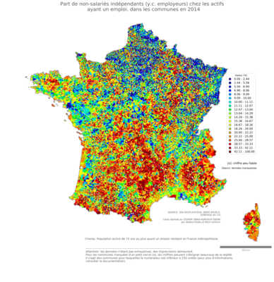 Part d'artisans, commerçants et chefs d'entreprise chez les actifs ayant un emploi - com2014
Mots-clés: profession;sexe;femmes;fonction publique ou indépendance;communes