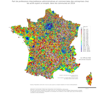 Part de professions intermédiaires administratives et commerciales des entreprises chez les actifs ayant un emploi - com2014
Mots-clés: profession;communes