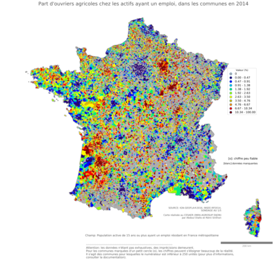 Part d'ouvriers agricoles chez les actifs ayant un emploi - com2014
Mots-clés: profession;classes populaires;communes