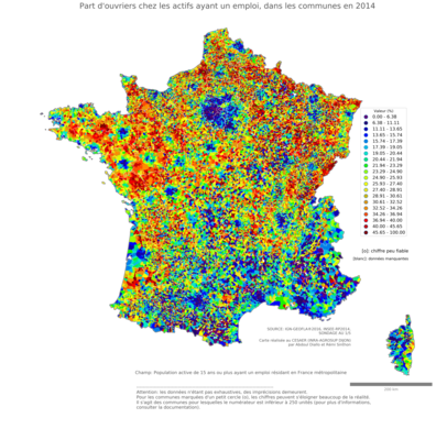 Part d'ouvriers chez les actifs ayant un emploi - com2014
Mots-clés: profession;sexe;femmes;classes populaires;communes