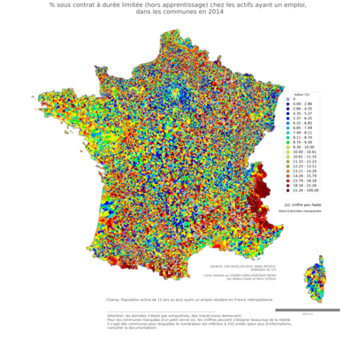 % sous contrat à durée limitée (hors apprentissage) chez les actifs ayant un emploi - com2014
Mots-clés: conditions de travail et d-emploi;classes populaires;communes