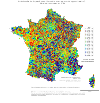 Part de salariés du public parmi les actifs ayant un emploi [approximation] - com2014
Mots-clés: profession;sexe;femmes;fonction publique ou indépendance;communes