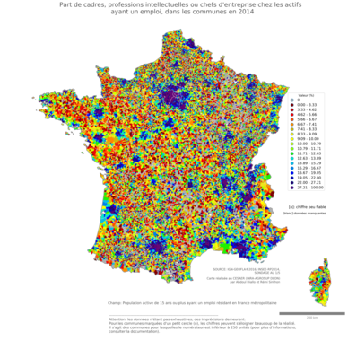 Part de cadres, professions intellectuelles ou chefs d'entreprise chez les actifs ayant un emploi - com2014
Mots-clés: profession;classes supérieures;communes