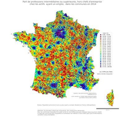 Part de professions intermédiaires ou supérieures, hors chefs d'entreprise chez les actifs ayant un emploi - com2014
Mots-clés: profession;sexe;femmes;classes supérieures;communes