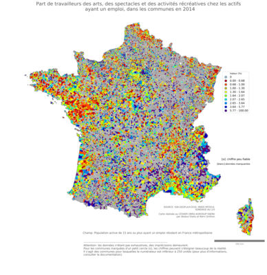 Part de travailleurs des arts, des spectacles et des activités récréatives chez les actifs ayant un emploi - com2014
Mots-clés: secteur d-activité;communes