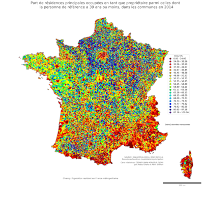 Part de résidences principales occupées en tant que propriétaire parmi celles dont la personne de référence a 39 ans ou moins - com2014
Mots-clés: résidence et logement;profession;conditions d-existence;communes