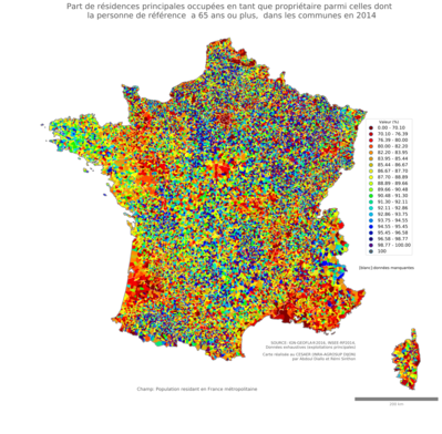 Part de résidences principales occupées en tant que propriétaire parmi celles dont la personne de référence a 65 ans ou plus - com2014
Mots-clés: résidence et logement;âge;conditions d-existence;communes