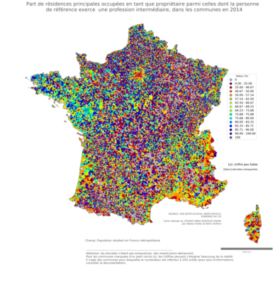 Part de résidences principales occupées en tant que propriétaire parmi celles dont la personne de référence exerce une profession intermédiaire - com2014
Mots-clés: résidence et logement;profession;conditions d-existence;communes