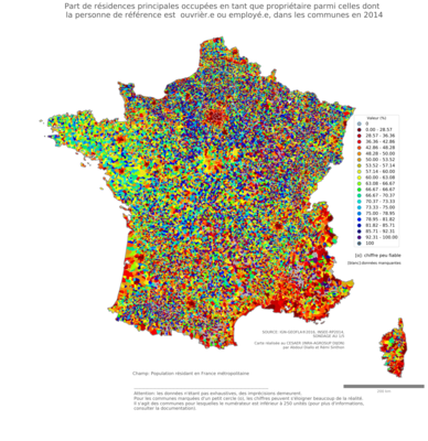 Part de résidences principales occupées en tant que propriétaire parmi celles dont la personne de référence est ouvrièr.e ou employé.e - com2014
Mots-clés: résidence et logement;profession;conditions d-existence;classes populaires;communes