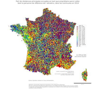 Part de résidences principales occupées en tant que propriétaire parmi celles dont la personne de référence est retraité.e - com2014
Mots-clés: résidence et logement;âge;conditions d-existence;communes