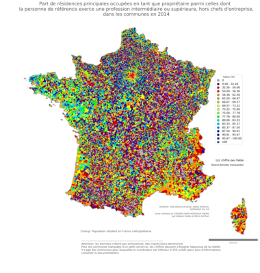 Part de résidences principales occupées en tant que propriétaire parmi celles dont la personne de référence exerce une profession intermédiaire ou supérieure, hors chefs d'entreprise - com2014
Mots-clés: résidence et logement;profession;conditions d-existence;classes supérieures;communes