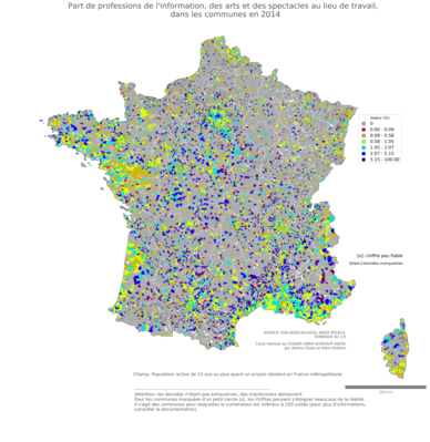 Part de professions de l'information, des arts et des spectacles au lieu de travail - com2014
Mots-clés: profession;lieu de travail;classes supérieures;communes