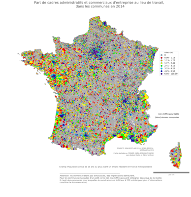 Part de cadres administratifs et commerciaux d'entreprise au lieu de travail - com2014
Mots-clés: profession;lieu de travail;classes supérieures;communes