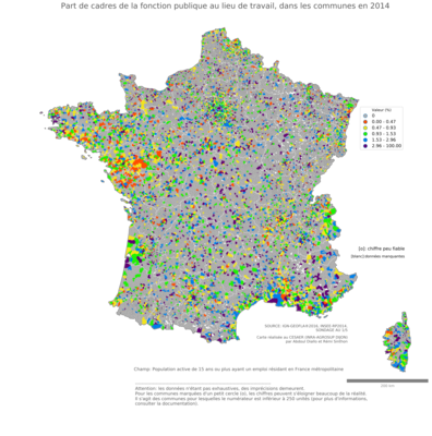 Part de cadres de la fonction publique au lieu de travail - com2014
Mots-clés: profession;lieu de travail;classes supérieures;fonction publique ou indépendance;communes