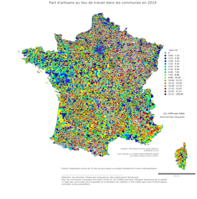 Part de commerçants et assimilés au lieu de travail - com2014
Mots-clés: profession;lieu de travail;fonction publique ou indépendance;communes