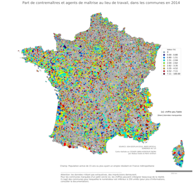 Part de contremaîtres et agents de maîtrise au lieu de travail - com2014
Mots-clés: profession;lieu de travail;communes