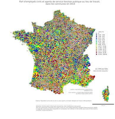 Part d'employés civils et agents de service fonction publique au lieu de travail - com2014
Mots-clés: profession;lieu de travail;classes populaires;fonction publique ou indépendance;communes