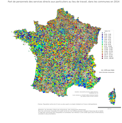 Part de personnels des services directs aux particuliers au lieu de travail - com2014
Mots-clés: profession;lieu de travail;classes populaires;communes