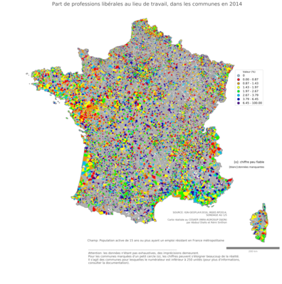 Part de professions libérales au lieu de travail - com2014
Mots-clés: profession;lieu de travail;classes supérieures;communes