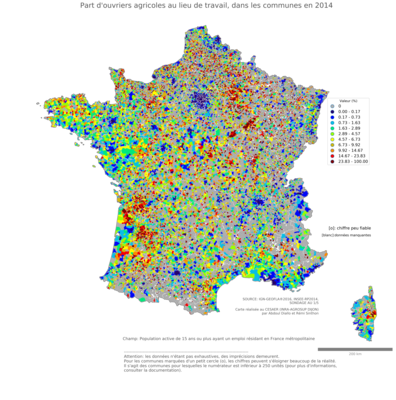 Part d'ouvriers agricoles au lieu de travail - com2014
Mots-clés: profession;lieu de travail;classes populaires;communes