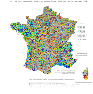 Part d'ouvriers non qualifiés de type artisanal au lieu de travail - com2014
Mots-clés: profession;lieu de travail;classes populaires;communes