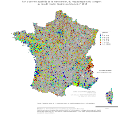 Part d'ouvriers qualifiés de la manutention, du magasinage et du transport au lieu de travail - com2014
Mots-clés: profession;lieu de travail;classes populaires;communes