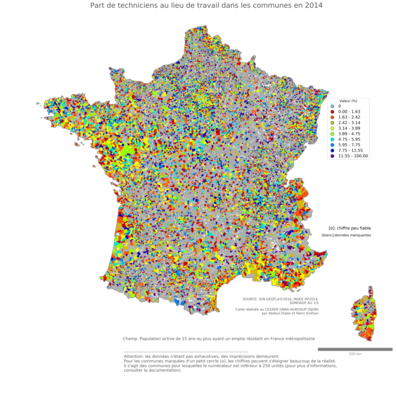 Part de techniciens au lieu de travail - com2014
Mots-clés: profession;lieu de travail;communes