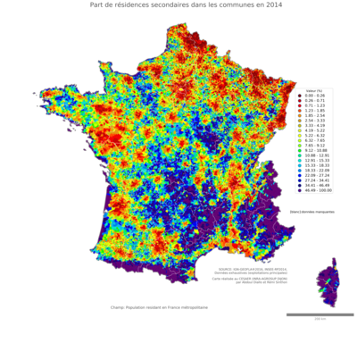 Part de résidences secondaires - com2014
Mots-clés: résidence et logement;conditions d-existence;classes supérieures;revenus et patrimoine;communes