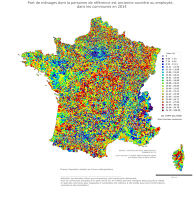 Part de ménages dont la personne de référence est ancienne ouvrière ou employée - com2014
Mots-clés: profession;âge;classes populaires;communes