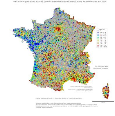 Part d'immigrés sans activité parmi l'ensemble des résidents - com2014
Mots-clés: immigration;chômage;classes populaires;communes