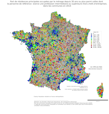 Part de résidences principales occupées par le ménage depuis 30 ans ou plus parmi celles dont la personne de référence exerce une profession intermédiaire ou supérieure (hors chefs d'entreprise) - com2014
Mots-clés: résidence et logement;profession;classes supérieures;communes