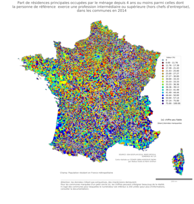 Part de résidences principales occupées par le ménage depuis 4 ans ou moins parmi celles dont la personne de référence exerce une profession intermédiaire ou supérieure (hors chefs d'entreprise) - com2014
Mots-clés: résidence et logement;profession;classes supérieures;communes